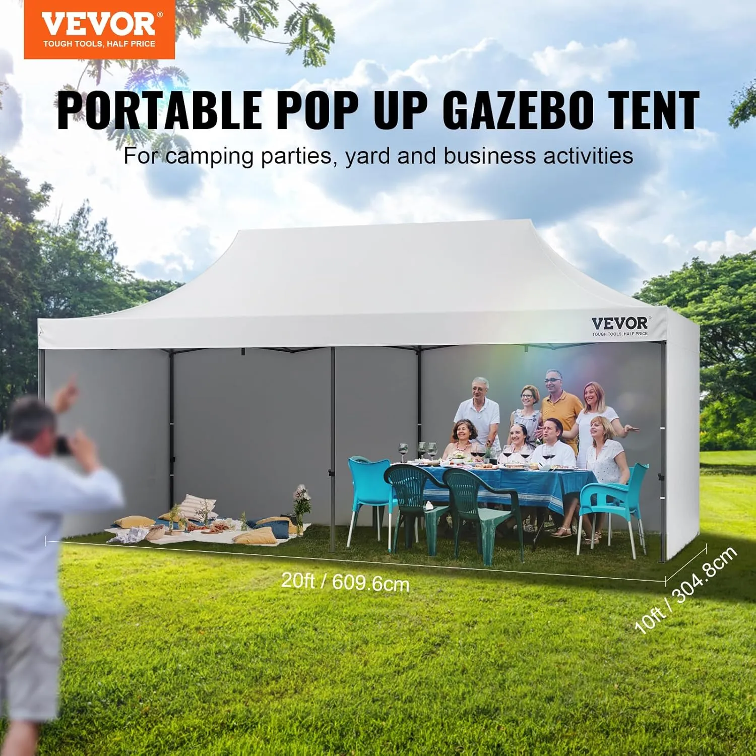 VEVOR 10x20 FT Pop up Canopy with Removable Sidewalls, Instant Canopies Portable Gazebo & Wheeled Bag, UV Resistant Waterproof, Enclosed Canopy Tent for Outdoor Events, Patio, Backyard, Party, Parking