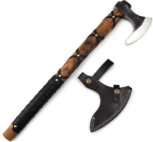 Viking Axe Carbon Steel Hatchet with Rose-Wood Handle & Leather Sheath Sharp Axe Handmade Carbon Steel Axe
