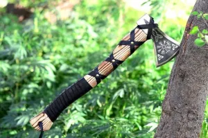 Viking Axe Custom Hanmade Carbon Steel Viking Bearded Hatchet Throwing Tomahawk Hunting Axe with Leather Sheath, 18.00 Inches