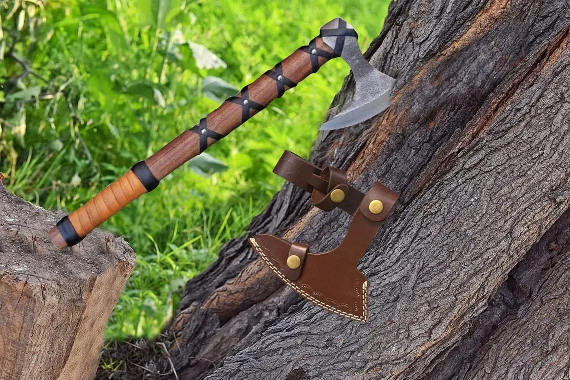 Viking Axe of Ragnar Lothbrok Outdoor Camping Axe's, Leather Sheath, Sharp Blade Hunting Axes High Carbon Steel Blade Shaft Rose Wood Vahalah Axes, Hatchet Gift for Dad (VK-Axe-03)