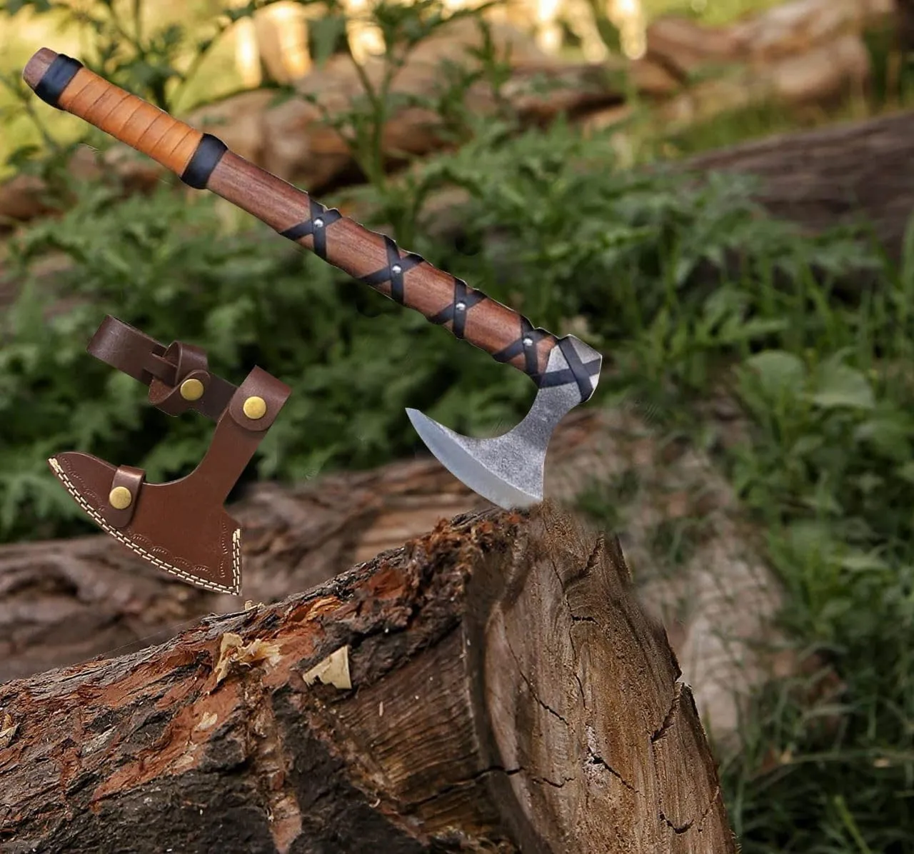 Viking Axe of Ragnar Lothbrok Outdoor Camping Axe's, Leather Sheath, Sharp Blade Hunting Axes High Carbon Steel Blade Shaft Rose Wood Vahalah Axes, Hatchet Gift for Dad (VK-Axe-03)