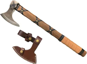 Viking Axe of Ragnar Lothbrok Outdoor Camping Axe's, Leather Sheath, Sharp Blade Hunting Axes High Carbon Steel Blade Shaft Rose Wood Vahalah Axes, Hatchet Gift for Dad (VK-Axe-03)