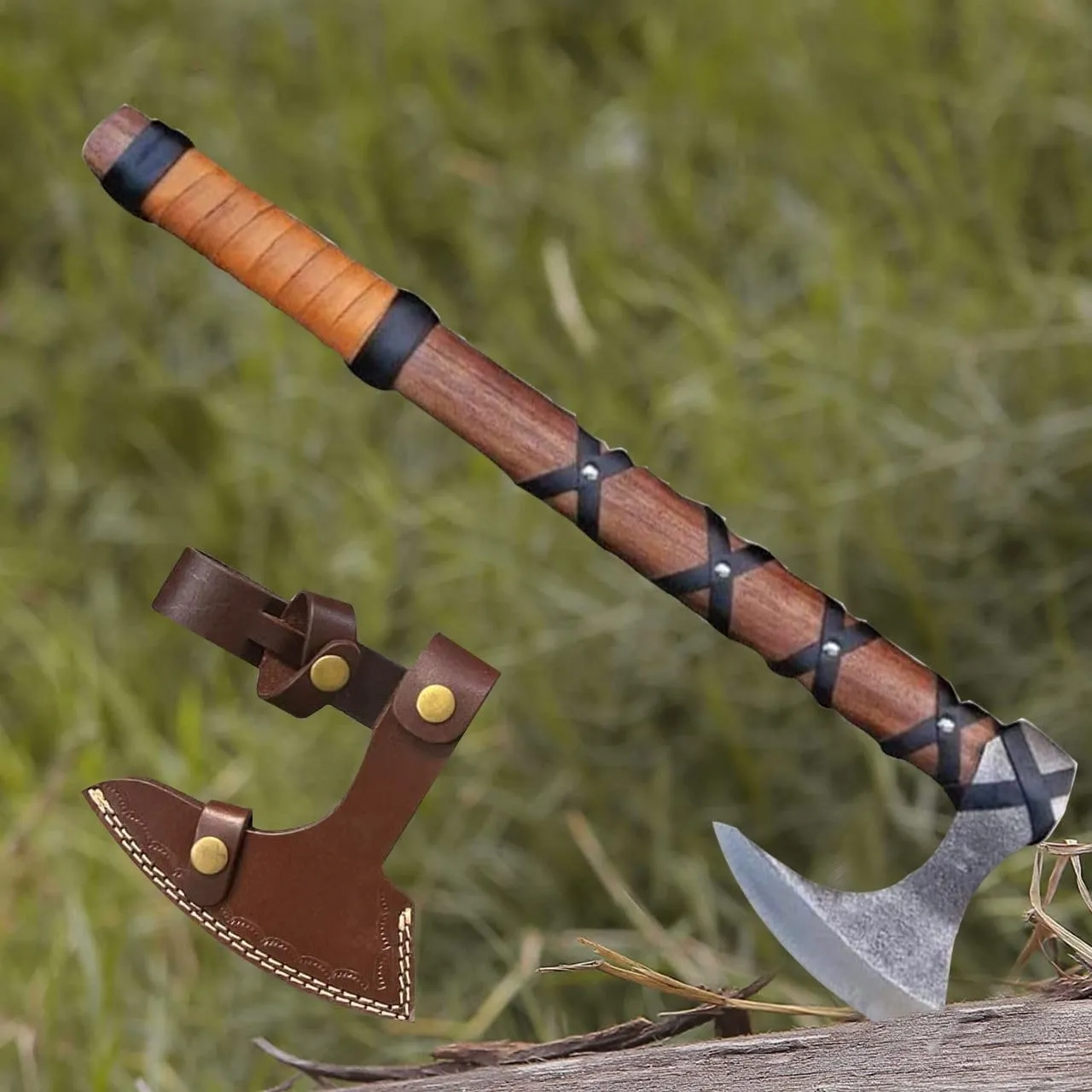 Viking Axe of Ragnar Lothbrok Outdoor Camping Axe's, Leather Sheath, Sharp Blade Hunting Axes High Carbon Steel Blade Shaft Rose Wood Vahalah Axes, Hatchet Gift for Dad (VK-Axe-03)
