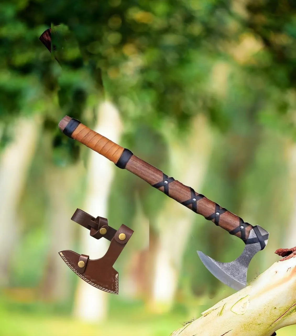 Viking Axe of Ragnar Lothbrok Outdoor Camping Axe's, Leather Sheath, Sharp Blade Hunting Axes High Carbon Steel Blade Shaft Rose Wood Vahalah Axes, Hatchet Gift for Dad (VK-Axe-03)