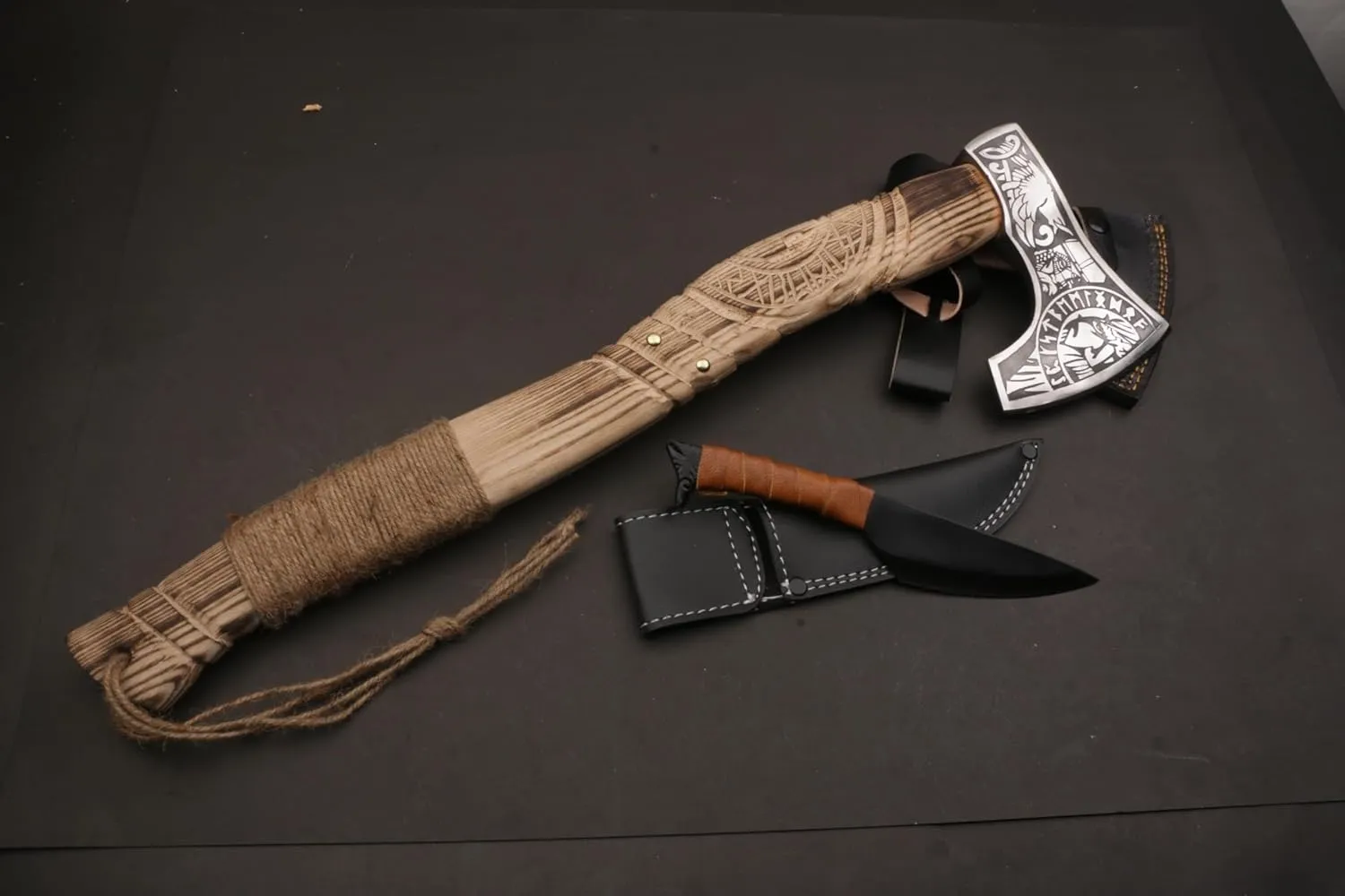 Viking Axe with Gift Viking Knife Also Leather Sheaths, Carbon Steel, Carved Wooden Handle, Bearded Heaven Hatchet for Camping, Throwing, Survival, Splitting, Felling, Chopping, Hiking (Axe - 02)