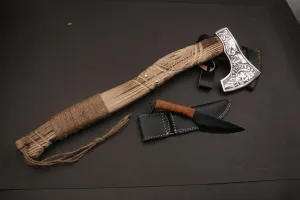 Viking Axe with Gift Viking Knife Also Leather Sheaths, Carbon Steel, Carved Wooden Handle, Bearded Heaven Hatchet for Camping, Throwing, Survival, Splitting, Felling, Chopping, Hiking (Axe - 02)