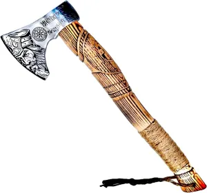 Viking Best Hatchet for Wood Splitting and Kindling, Forged Carbon Steel and Custom Gift Viking Axe with ash Wood Shaft, Viking Bearded Camping Axe