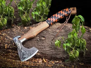 Viking High Carbon Steel Axe - Custom Handmade Hunting & Bushcraft Axe, Norse Tomahawk, Decorative with Leather Cover, Xmas Gift