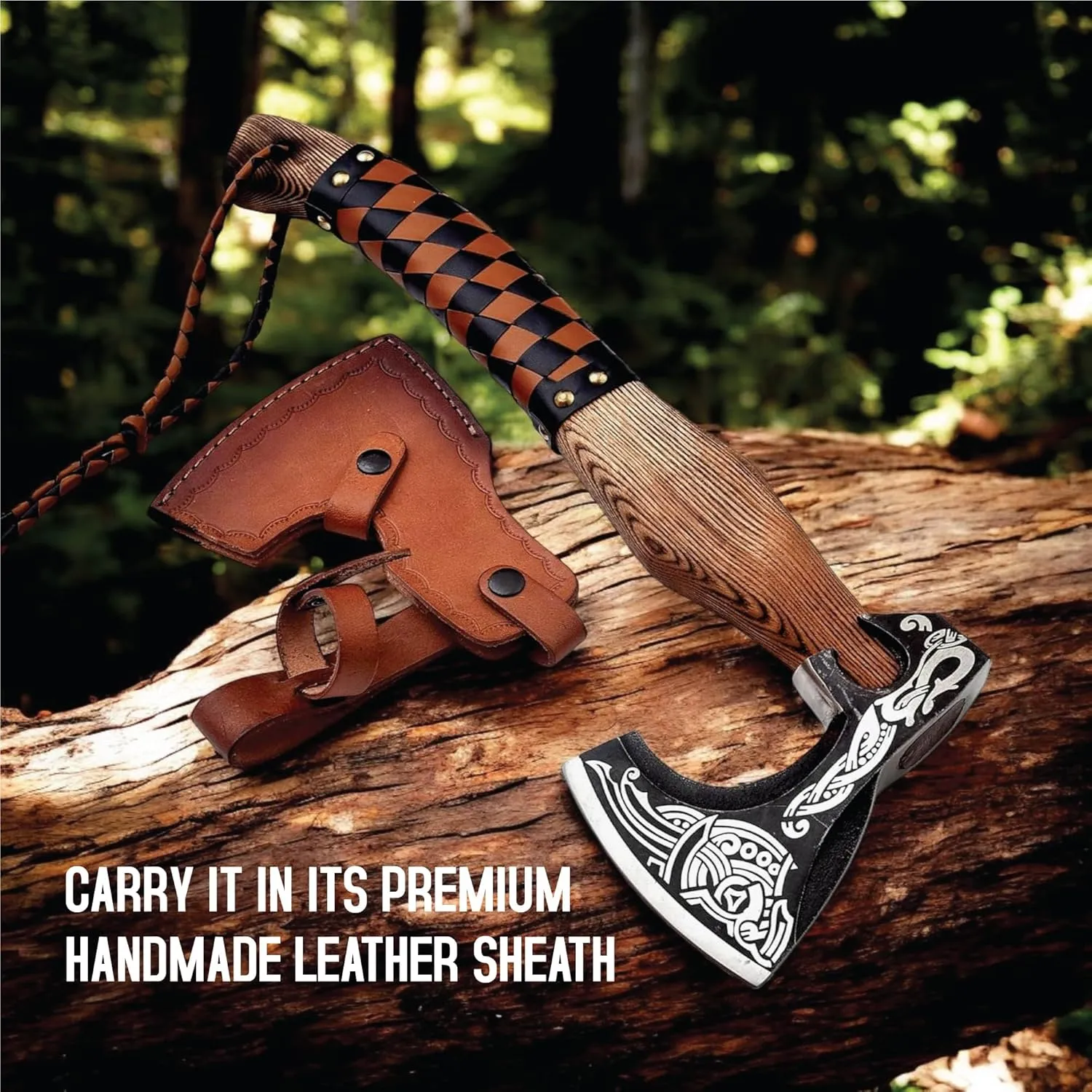 Viking High Carbon Steel Axe - Custom Handmade Hunting & Bushcraft Axe, Norse Tomahawk, Decorative with Leather Cover, Xmas Gift
