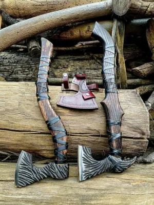 [Viking Tools]-Handmade Pair of High Carbon Steel Black Viking Axes,Viking Bearded Axe - Hunting,Battle Camping & Survival High Carbon Steel Axe with Leather Sheath, Rose Wood Handle