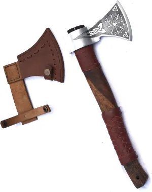 Viking Traders Custom Hand Forged 14" Throwing Axe/Hatchet(High Carbon Steel and Wood)-Gorgeous and Solid Leather Wrapped Wooden Handle W/Blade Cover
