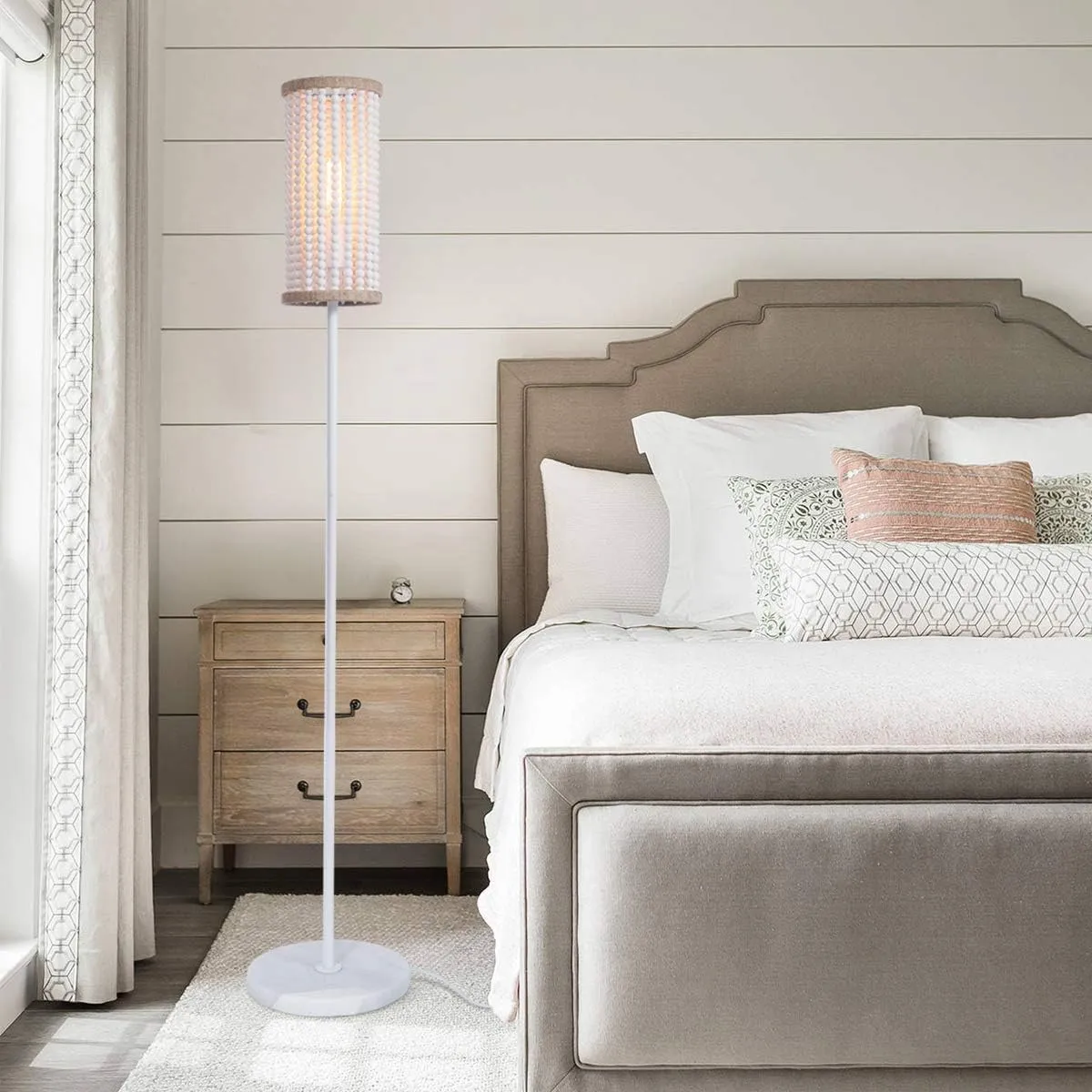 VILUXY Bohemia Boho Floor Lamp with White Wood Beaded Shade for Bedroom, Living Room, Girl Room