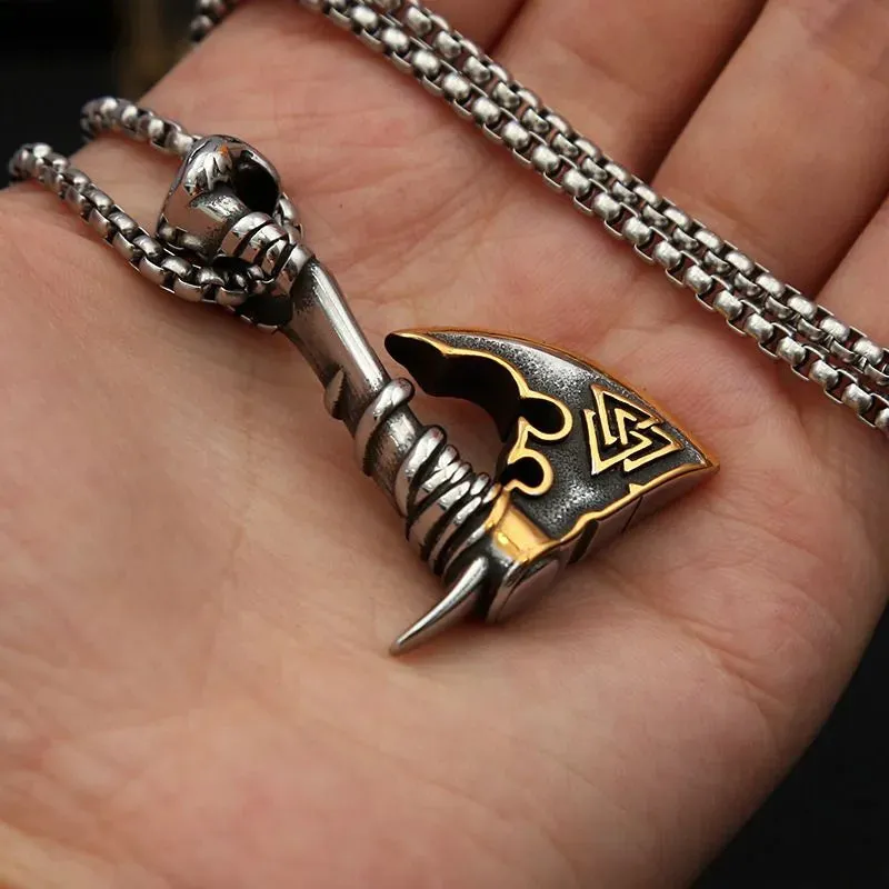 Vintage Viking hatchet Valknut Stainless Steel Pendant Necklace
