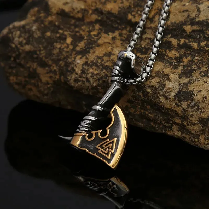 Vintage Viking hatchet Valknut Stainless Steel Pendant Necklace