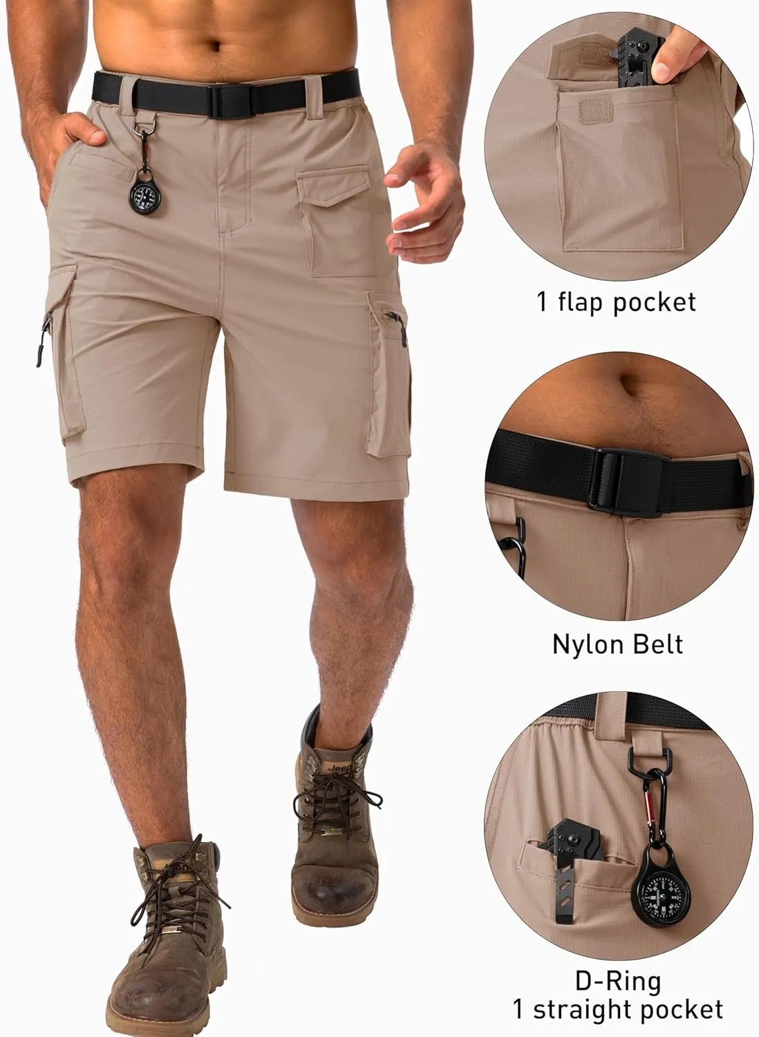 Viodia Men's Hiking Cargo Shorts Stretch Tactical Shorts for Men with 8 Pockets Quick Dry Lightweight Shorts for Work Fishing