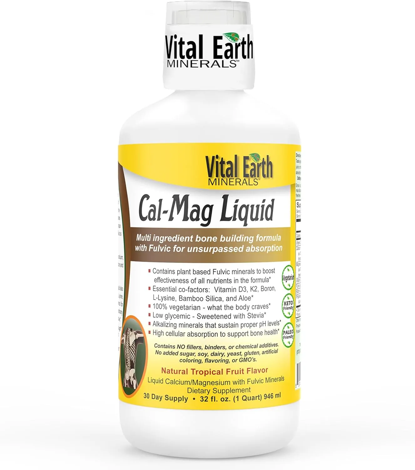 Vital Earth Minerals Cal-Mag Liquid – Calcium Magnesium Supplement with Vitamin D3, K2, Boron, and Fulvic Acid for Faster Absorption, 32 Oz   1 Oz Cup