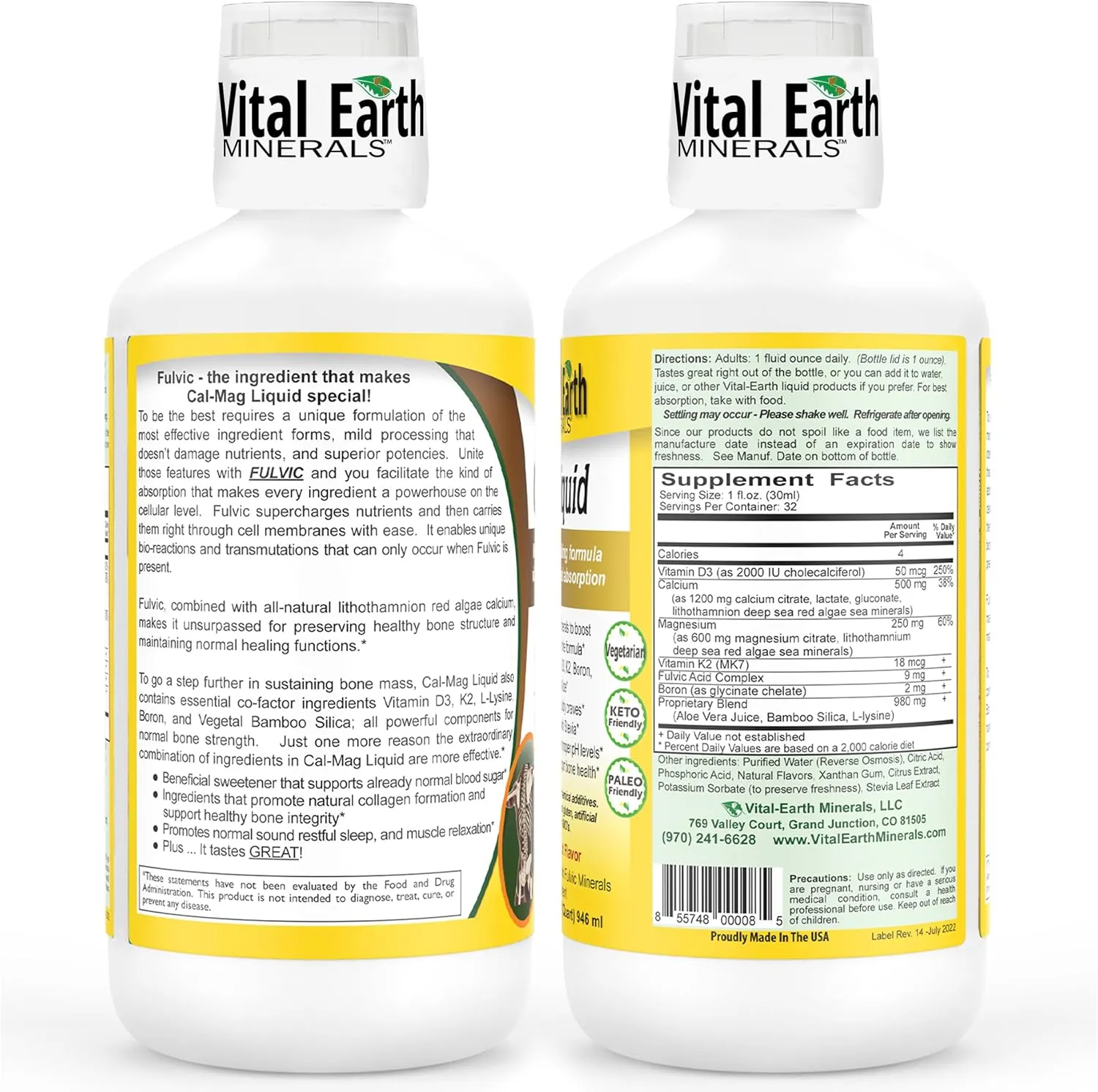 Vital Earth Minerals Cal-Mag Liquid – Calcium Magnesium Supplement with Vitamin D3, K2, Boron, and Fulvic Acid for Faster Absorption, 32 Oz Ea   1 Oz Cup