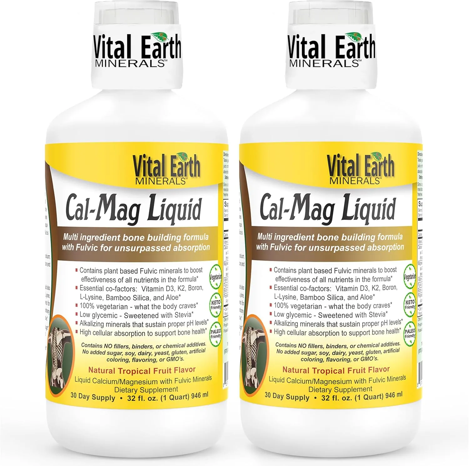 Vital Earth Minerals Cal-Mag Liquid – Calcium Magnesium Supplement with Vitamin D3, K2, Boron, and Fulvic Acid for Faster Absorption, 32 Oz Ea   1 Oz Cup