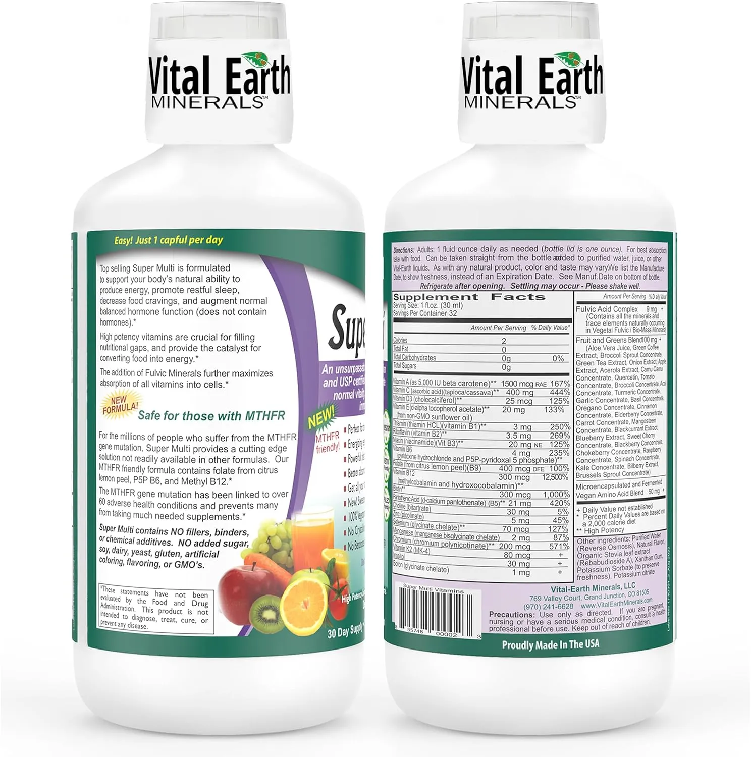 Vital Earth Minerals Super Multi – Liquid Multivitamins for Women, Men & Kids, Liquid Vitamins with Fulvic Acid for Better Absorption, MTHFR Support, 32 Oz   1 Oz Cup