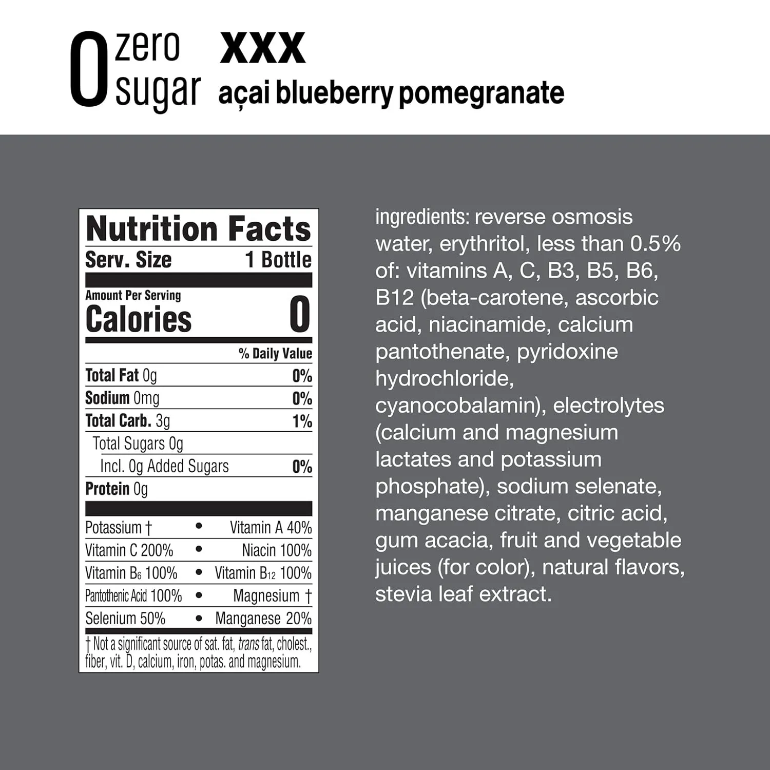 vitaminwater zero sugar xxx, electrolyte enhanced water w/vitamins, açai-blueberry-pomegranate drinks, 20 fl oz, 12 Pack
