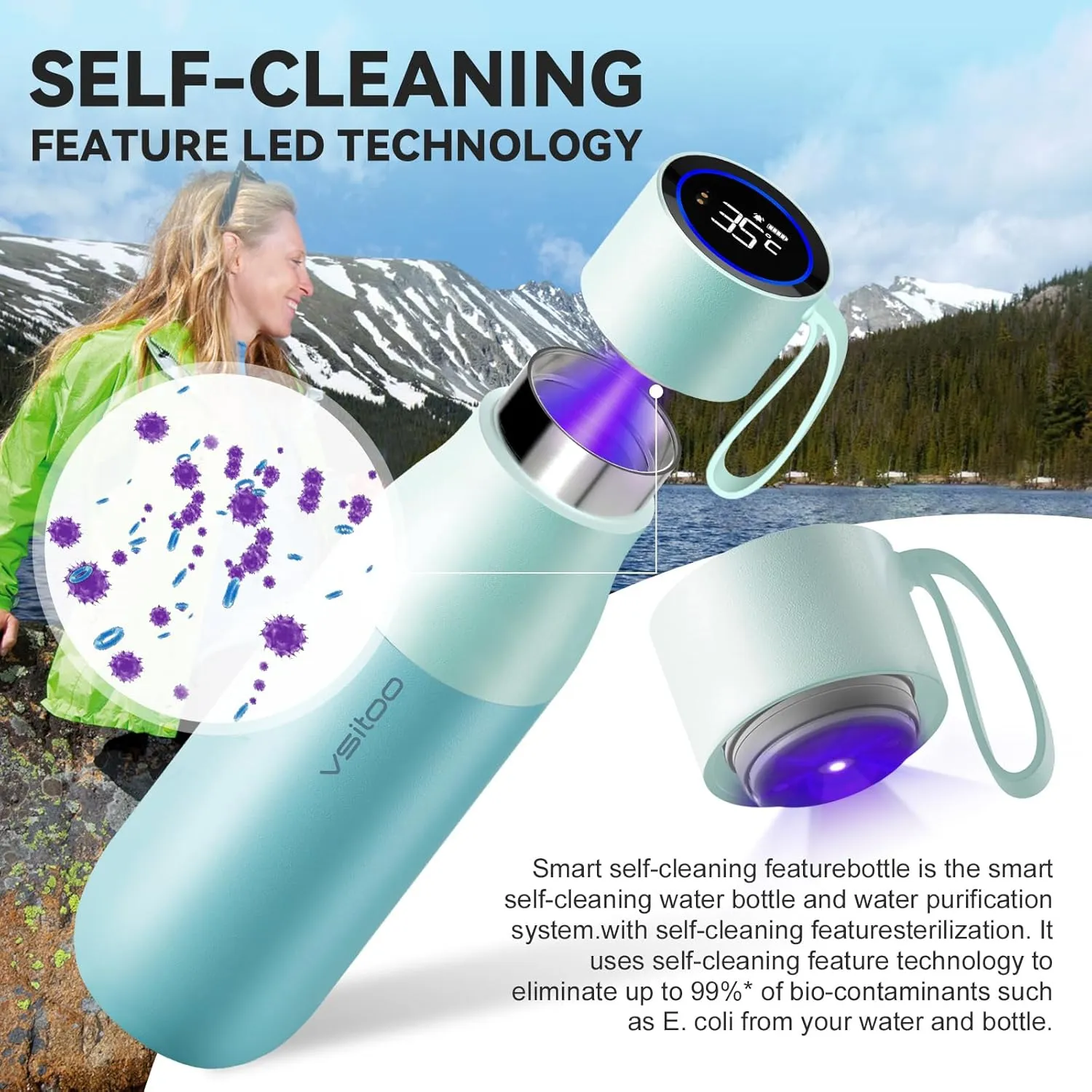 vsitoo Self-Cleaning Smart Water Bottle, Vacuum Stainless Steel Insulated Water Bottle with Handle Double-wall, Keep Drink Hot or Cold, Leak Proof, 15 oz