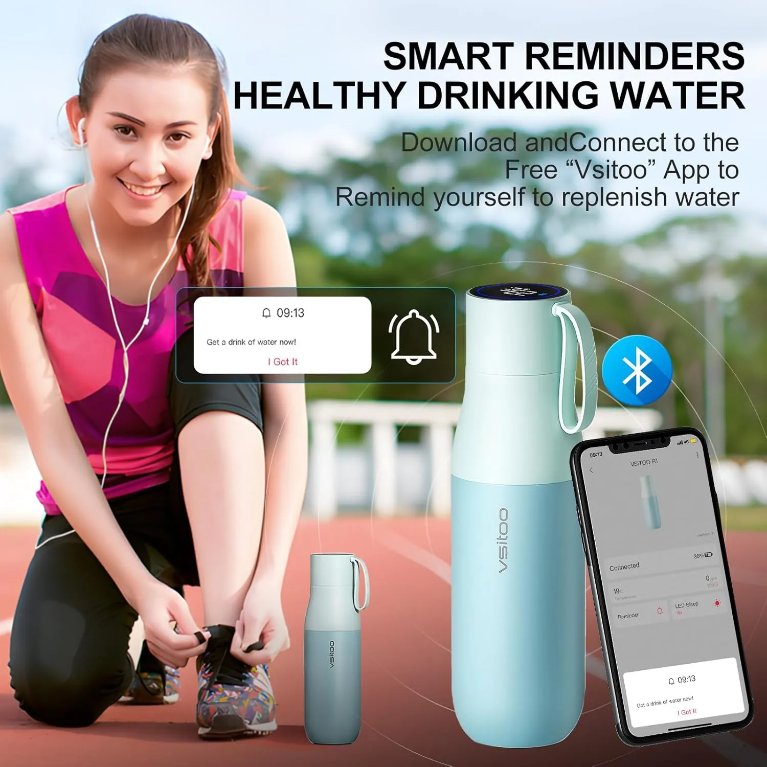 vsitoo Self-Cleaning Smart Water Bottle, Vacuum Stainless Steel Insulated Water Bottle with Handle Double-wall, Keep Drink Hot or Cold, Leak Proof, 15 oz