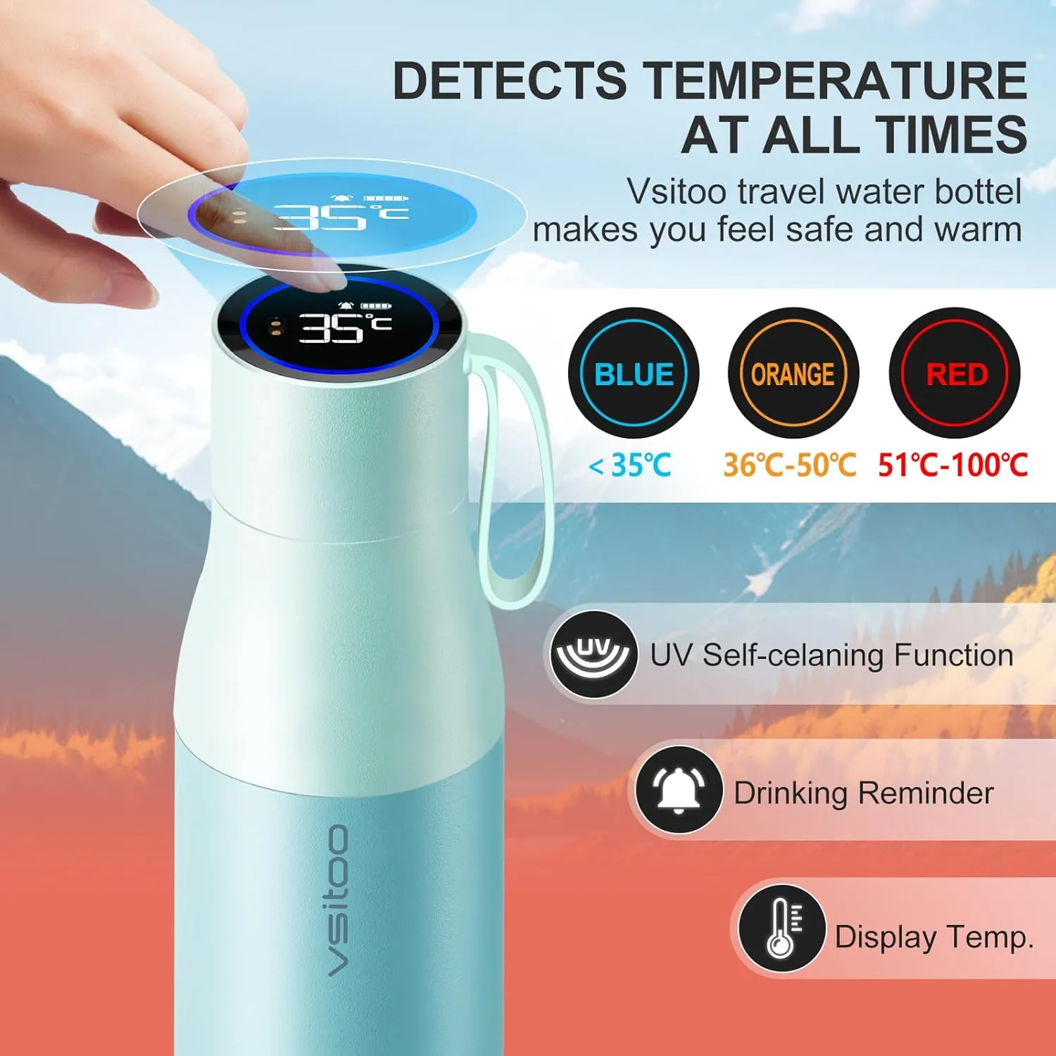 vsitoo Self-Cleaning Smart Water Bottle, Vacuum Stainless Steel Insulated Water Bottle with Handle Double-wall, Keep Drink Hot or Cold, Leak Proof, 15 oz