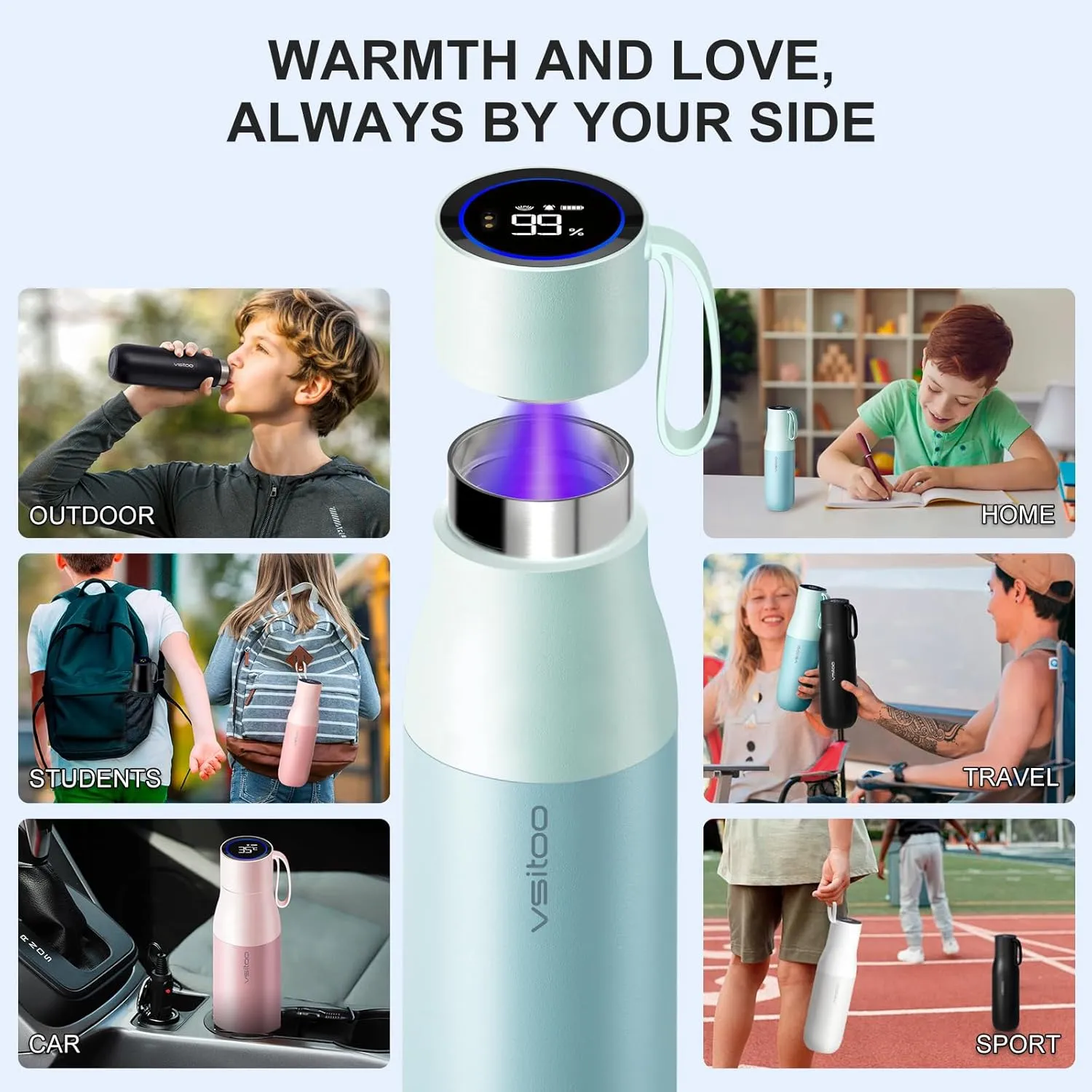 vsitoo Self-Cleaning Smart Water Bottle, Vacuum Stainless Steel Insulated Water Bottle with Handle Double-wall, Keep Drink Hot or Cold, Leak Proof, 15 oz