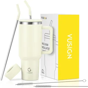 VUSIGN 40 oz Tumbler with Handle and Straw Lid, Stainless Steel Vacuum Insulated Tumbler Travel Mug Water Bottle Cup for Water Iced Tea Coffee Smoothie Car, Cream