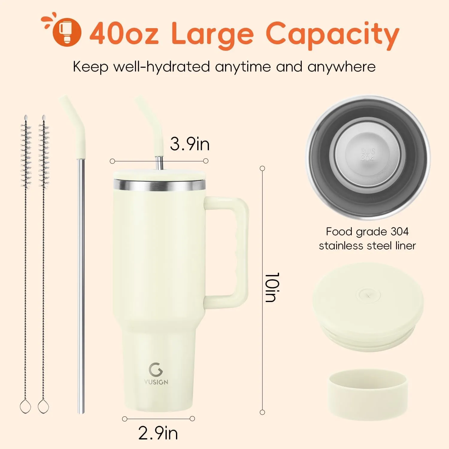 VUSIGN 40 oz Tumbler with Handle and Straw Lid, Stainless Steel Vacuum Insulated Tumbler Travel Mug Water Bottle Cup for Water Iced Tea Coffee Smoothie Car, Cream
