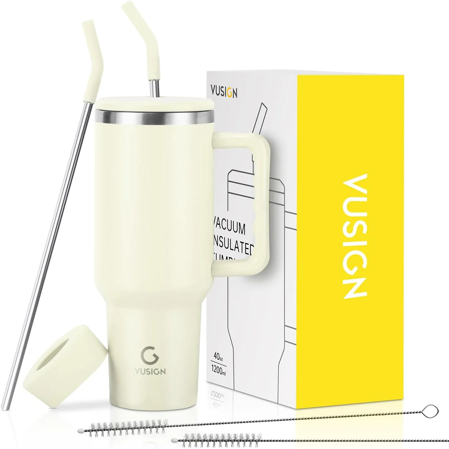 VUSIGN 40 oz Tumbler with Handle and Straw Lid, Stainless Steel Vacuum Insulated Tumbler Travel Mug Water Bottle Cup for Water Iced Tea Coffee Smoothie Car, Cream