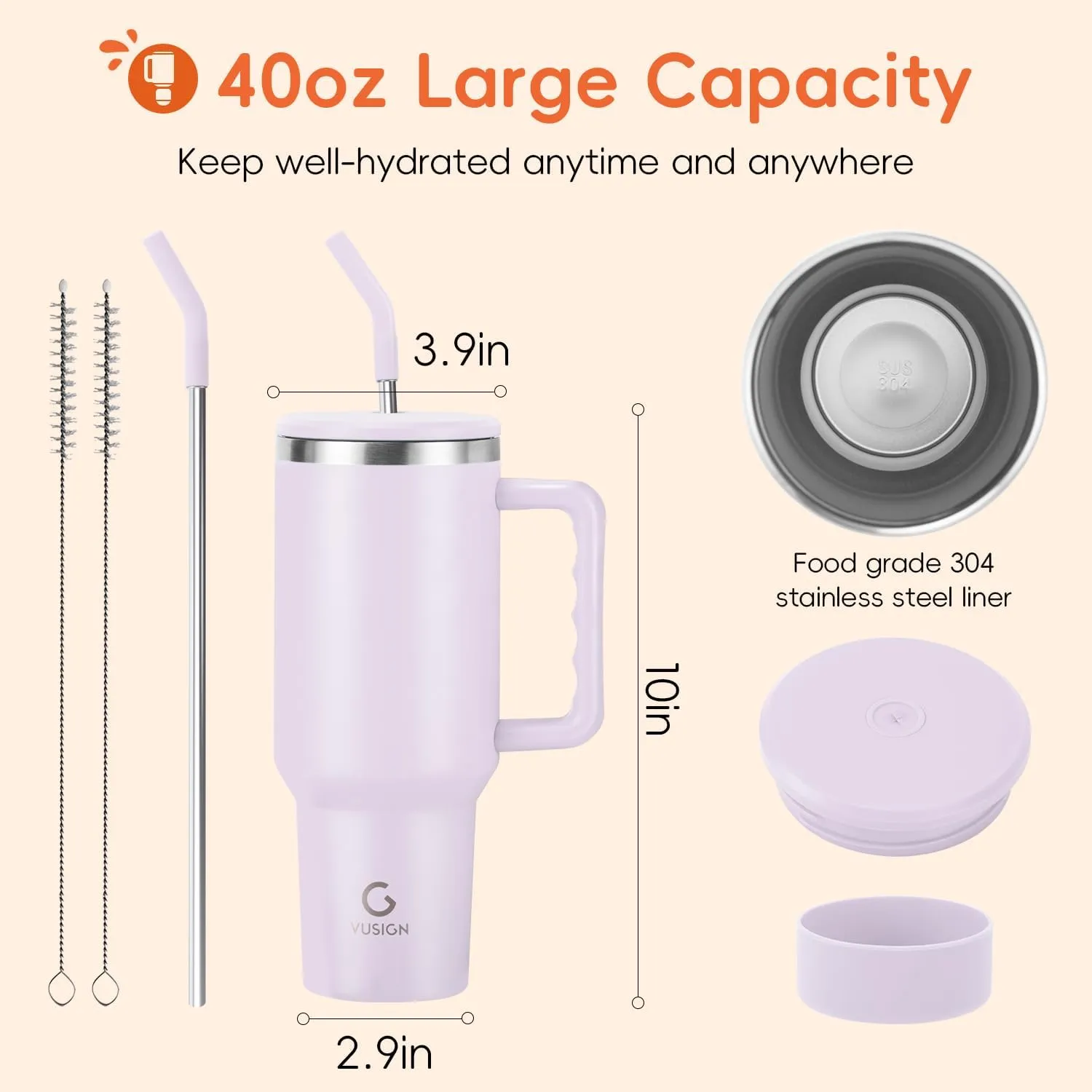 VUSIGN 40 oz Tumbler with Handle and Straw Lid, Stainless Steel Vacuum Insulated Tumbler Travel Mug Water Bottle Cup for Water Iced Tea Coffee Smoothie Car, Orchid
