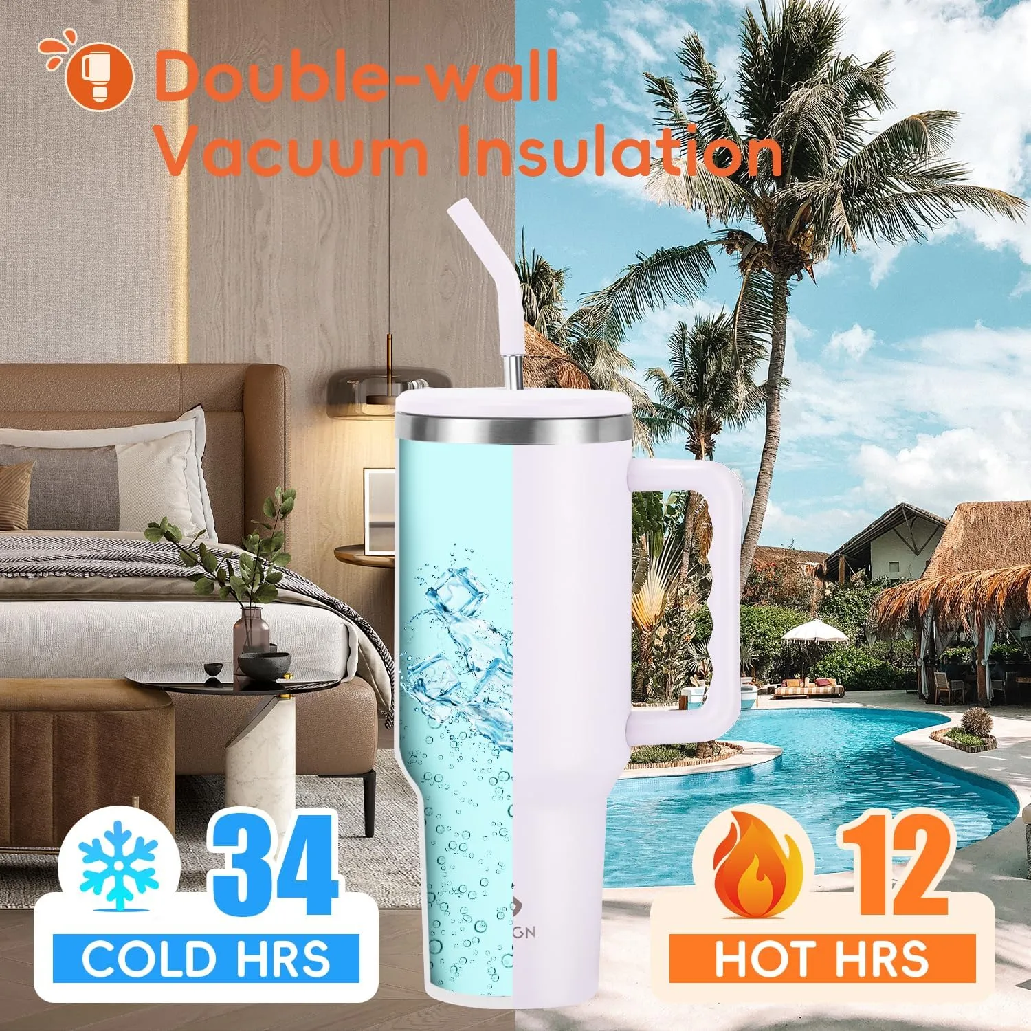 VUSIGN 40 oz Tumbler with Handle and Straw Lid, Stainless Steel Vacuum Insulated Tumbler Travel Mug Water Bottle Cup for Water Iced Tea Coffee Smoothie Car, Orchid