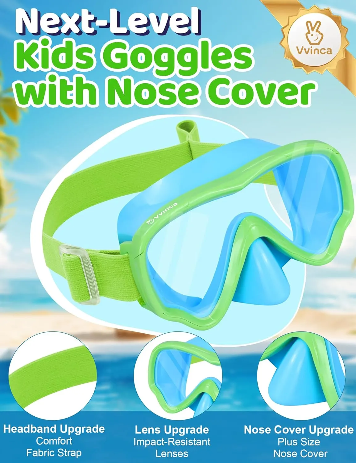 Vvinca Kids Swim Goggles with Nose Cover, Snorkel Diving Mask Fabric Strap Anti Fog Anti Shattered Lens Goggles for Kids 3-15
