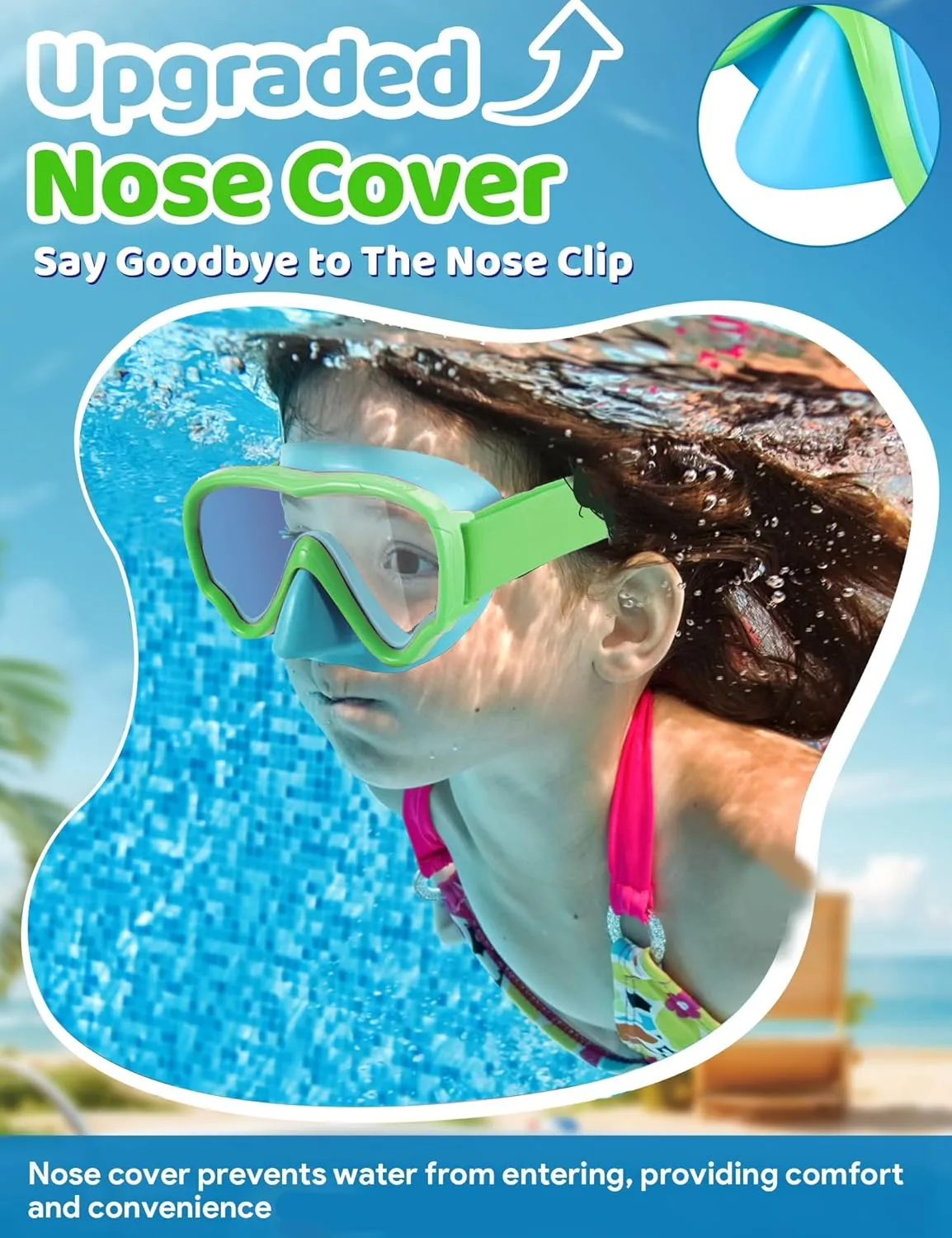 Vvinca Kids Swim Goggles with Nose Cover, Snorkel Diving Mask Fabric Strap Anti Fog Anti Shattered Lens Goggles for Kids 3-15