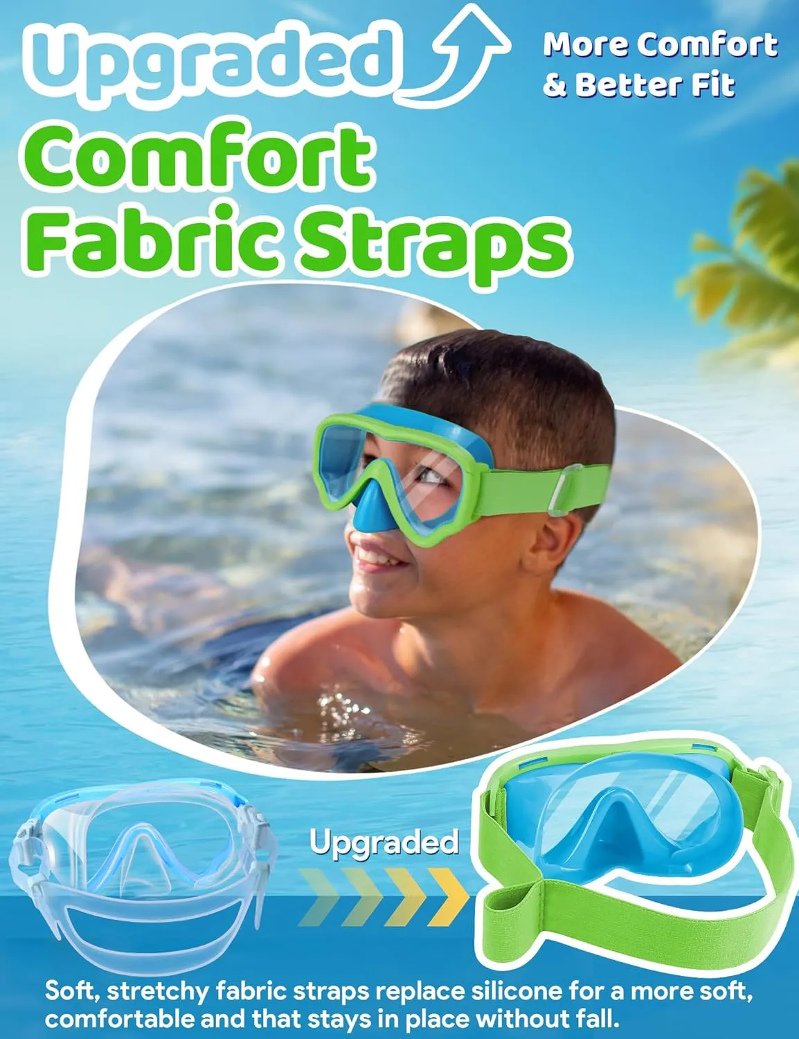 Vvinca Kids Swim Goggles with Nose Cover, Snorkel Diving Mask Fabric Strap Anti Fog Anti Shattered Lens Goggles for Kids 3-15