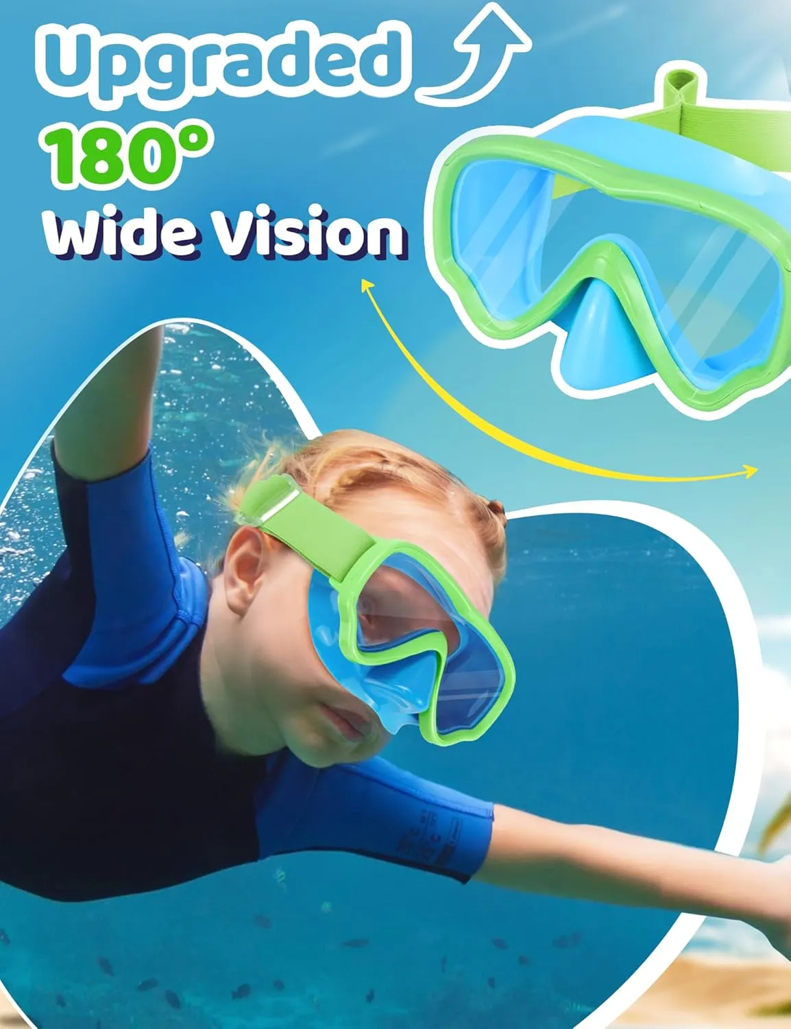Vvinca Kids Swim Goggles with Nose Cover, Snorkel Diving Mask Fabric Strap Anti Fog Anti Shattered Lens Goggles for Kids 3-15