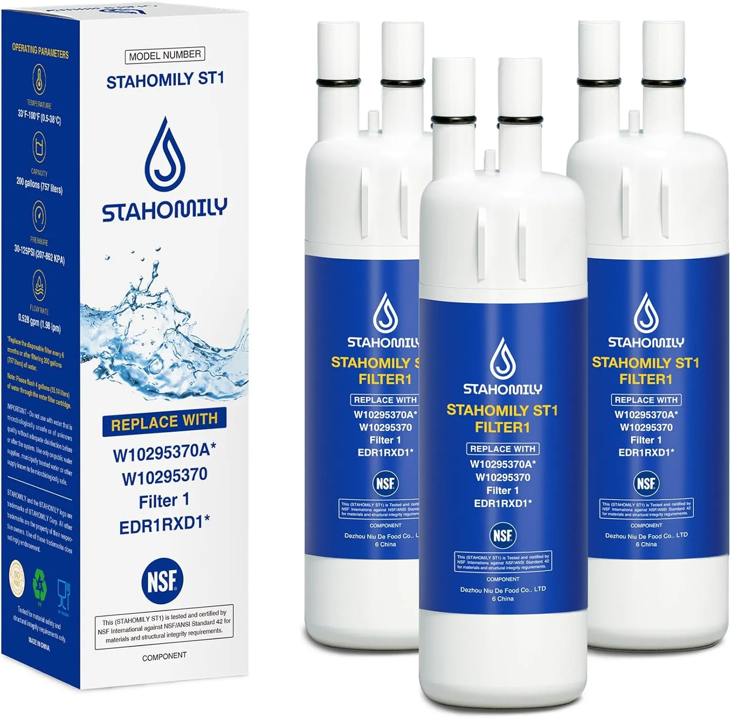 W10295370A water filter replacement for Whirlpool EDR1RXD1, Everydrop Filter 1, W10295370, WHR1RXD1, KAD1RXD1, P4RFWB, P8RFWB2L, Compatible with Kenmore 46-9930, 46-9081，Pack of 3