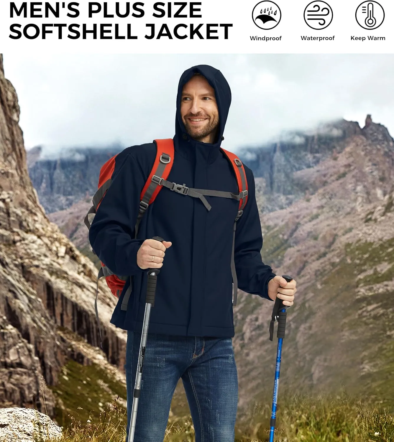 wantdo Men's Plus Softshell Jackets Lightweight Fleece Lined Jacket Plus Size Hooded Jacket Waterproof Windbreaker