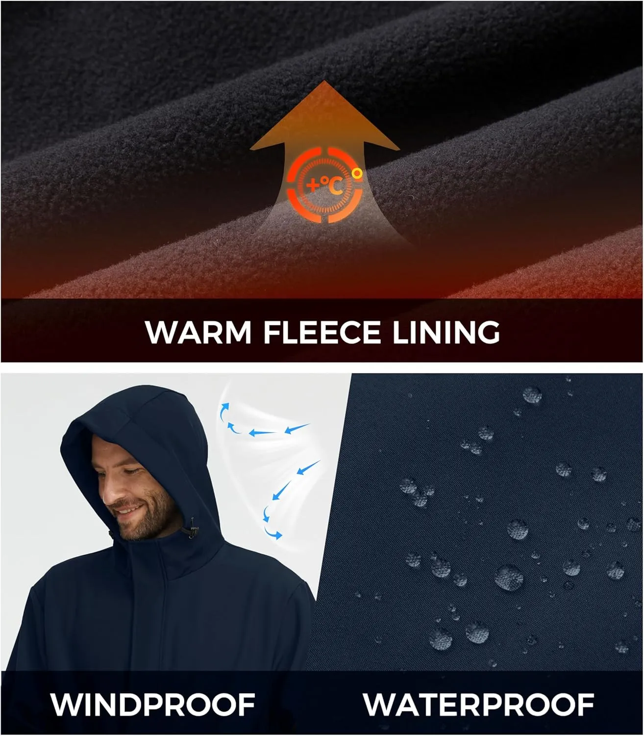 wantdo Men's Plus Softshell Jackets Lightweight Fleece Lined Jacket Plus Size Hooded Jacket Waterproof Windbreaker