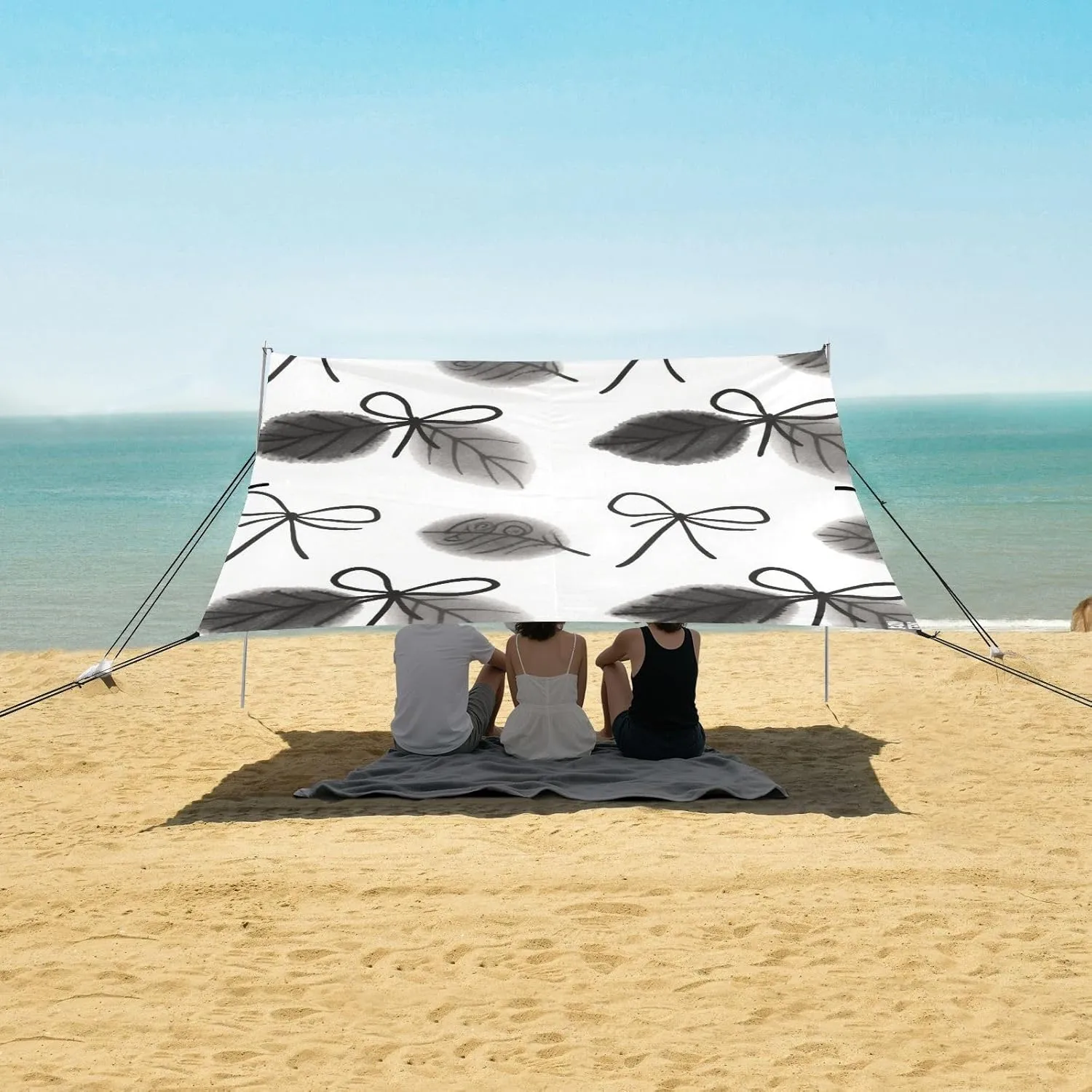 Wash Painting Bows with Leaves Beach Canopy Tent Anti-UV & Wind Resistant, Camping Sun Shelter Easy Setup Portable,Outdoor Shade Tents with Sandbags,Sand Shovels,Ground Pegs & Stability Poles
