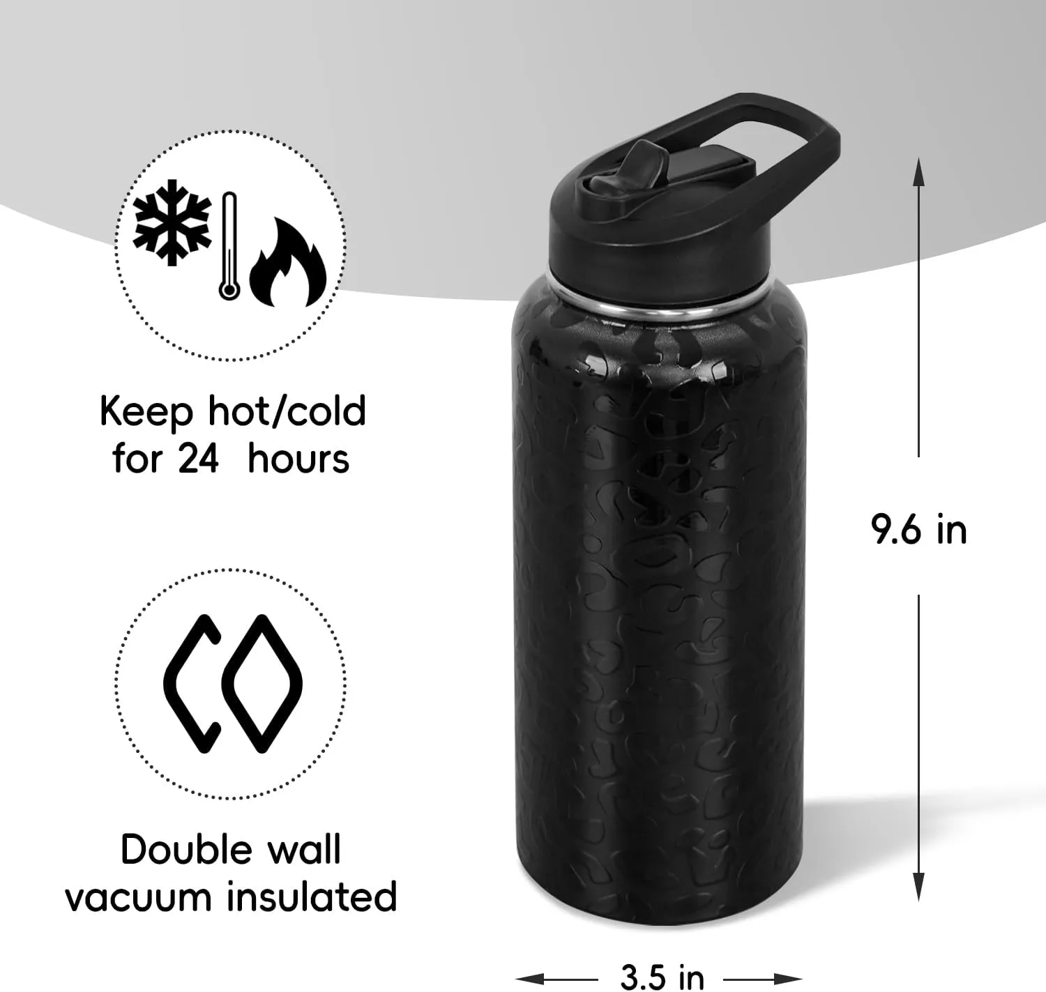 Water Bottle 32 oz Vacuum Insulated Leak Proof Stainless Steel Gym Water Jug Cup Gifts for Moms Dads Women Men Him Her Black Leopard