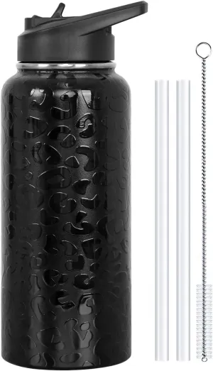 Water Bottle 32 oz Vacuum Insulated Leak Proof Stainless Steel Gym Water Jug Cup Gifts for Moms Dads Women Men Him Her Black Leopard