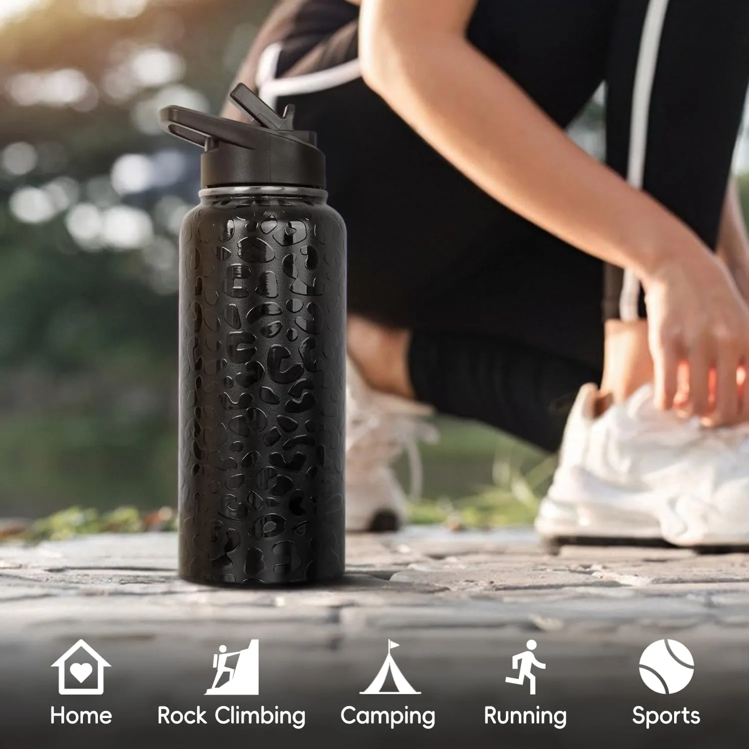 Water Bottle 32 oz Vacuum Insulated Leak Proof Stainless Steel Gym Water Jug Cup Gifts for Moms Dads Women Men Him Her Black Leopard