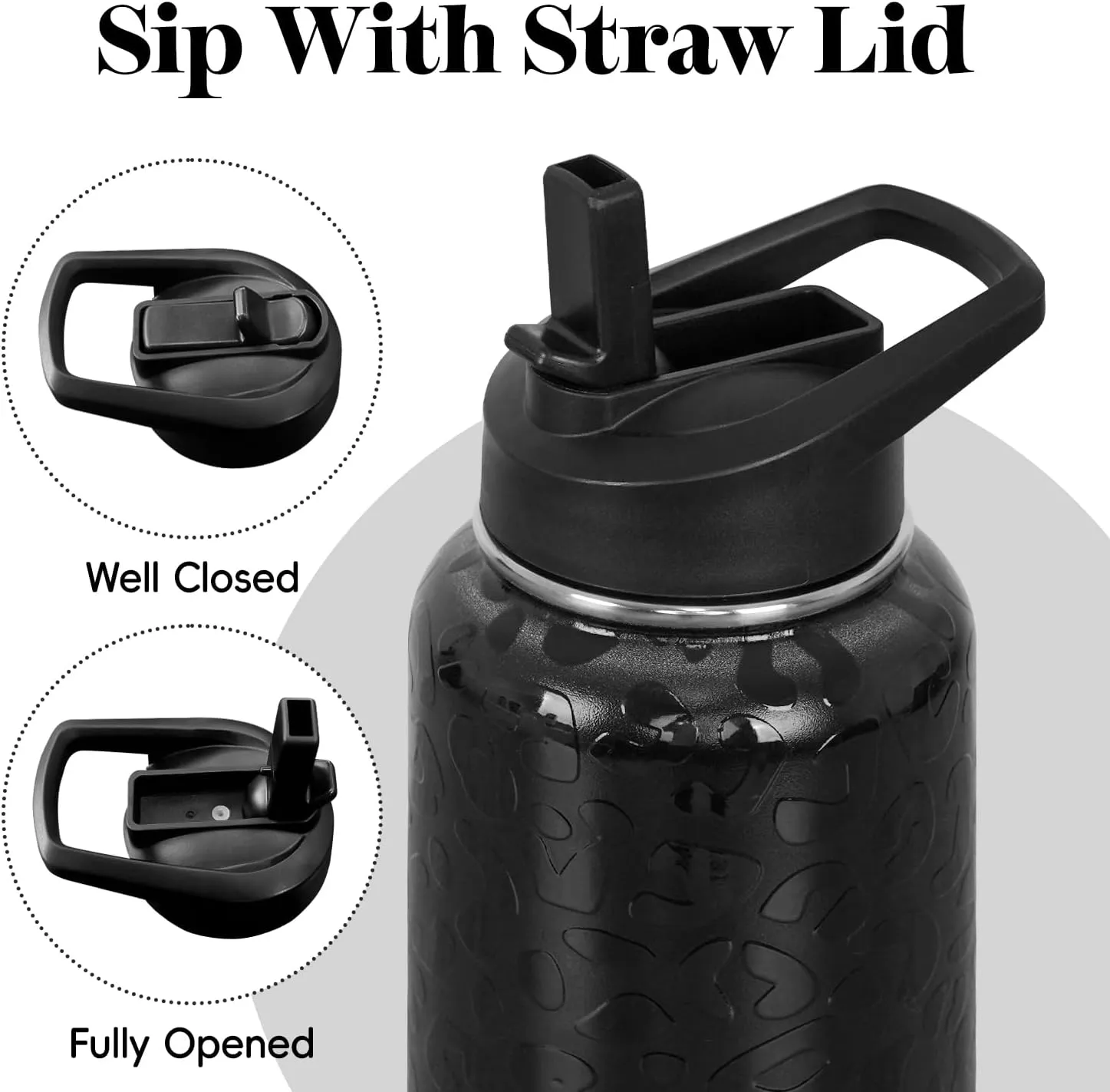 Water Bottle 32 oz Vacuum Insulated Leak Proof Stainless Steel Gym Water Jug Cup Gifts for Moms Dads Women Men Him Her Black Leopard