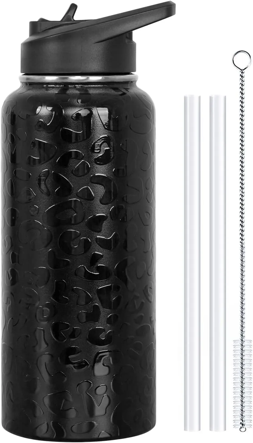Water Bottle 32 oz Vacuum Insulated Leak Proof Stainless Steel Gym Water Jug Cup Gifts for Moms Dads Women Men Him Her Black Leopard