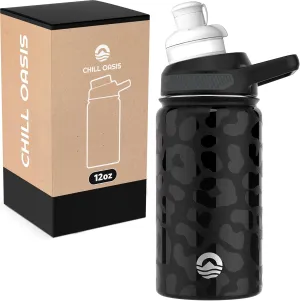 Water Bottle | Compatible With Popular Flavor Cartridges | BPA Free, Leak Proof, Double-Walled Vacuum Insulated Stainless Steel, and Dishwasher Safe | Cold for 24 Hours (Leopard, 12oz)