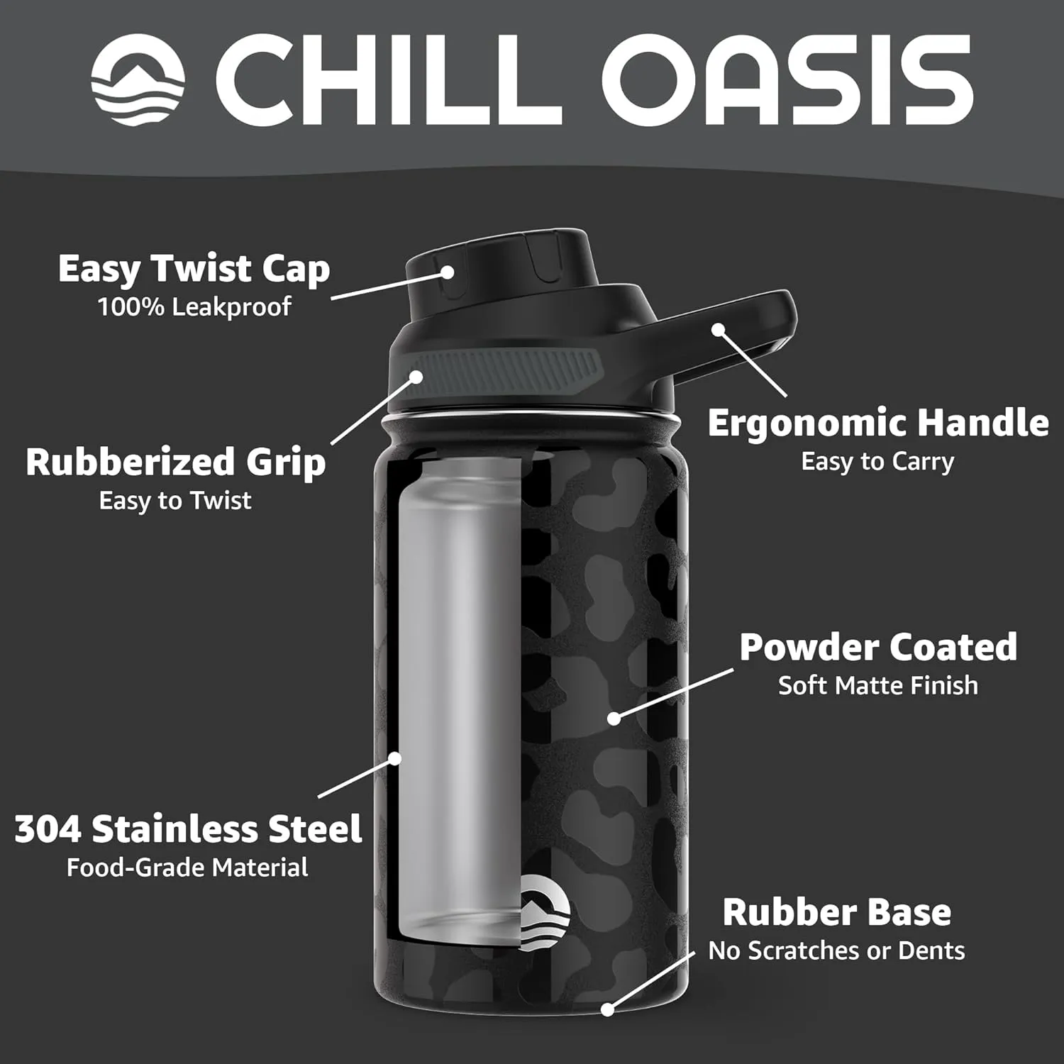 Water Bottle | Compatible With Popular Flavor Cartridges | BPA Free, Leak Proof, Double-Walled Vacuum Insulated Stainless Steel, and Dishwasher Safe | Cold for 24 Hours (Leopard, 12oz)