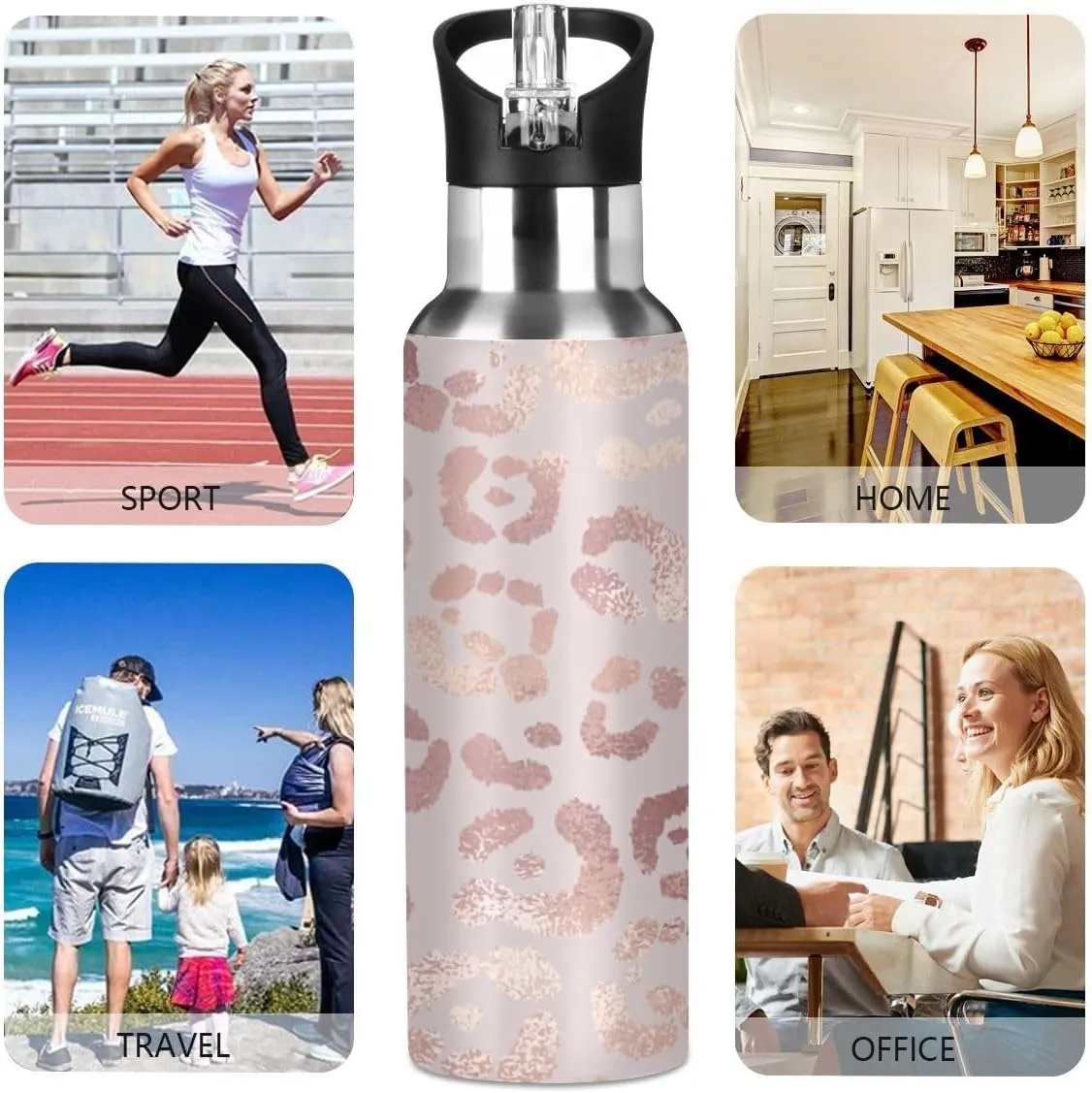 Water Bottle Handle Straw Lid Cheeteh Leopard Print Vacuum Insulated Stainless Steel Thermos Water Bottle Leak Proof Sports Coffee Maker Cup