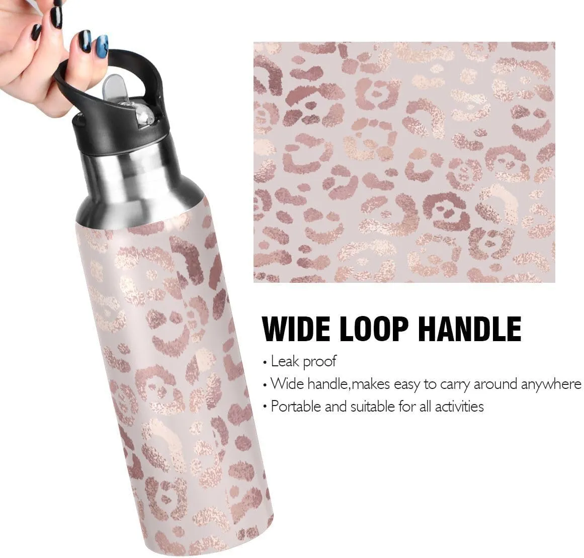 Water Bottle Handle Straw Lid Cheeteh Leopard Print Vacuum Insulated Stainless Steel Thermos Water Bottle Leak Proof Sports Coffee Maker Cup